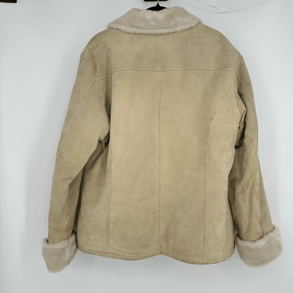 Womens XL Suede Faux Fur Lined Winter Jacket Pockets Cream Boho 70s Style - Picture 13 of 15